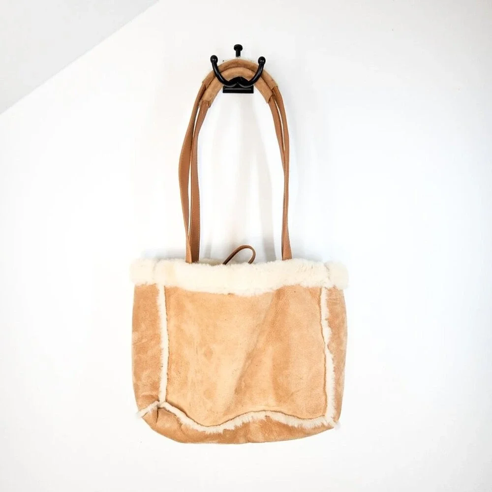 Aston New York Genuine Shearling Sheepskin Fur‎ Trim Tote Bag Camel Tan